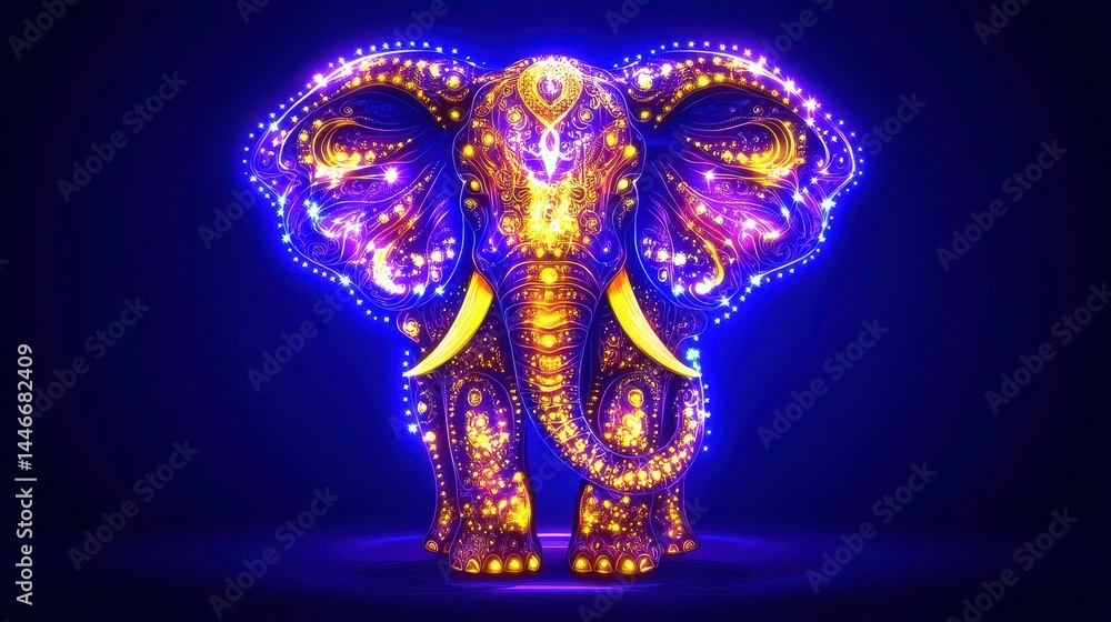 Poster luminous elephant with vibrant neon glow radiating from scattered particles on a dark backdrop creat