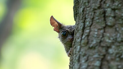 Obraz premium 61. Cuddly, wide-eyed creature with tiny horns, peeking out from behind a tree