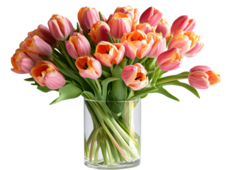 Colorful display of fresh, pink and orange tulips in a clear glass cylinder vase.  The arrangement is visually appealing and full.