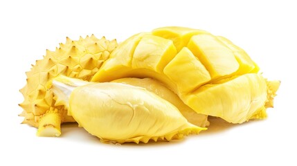 A whole durian fruit placed in isolation on a clean white background, clearly showing the unique appearance and texture of this tropical fruit. The spiky outer shell of the durian is prominent,