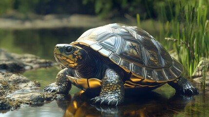 Obraz premium 78. Shiny turtle-like character with translucent shell patterns, exploring a quiet riverbank