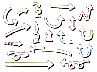 手書きの矢印セット、ポップなデザイン、影付き