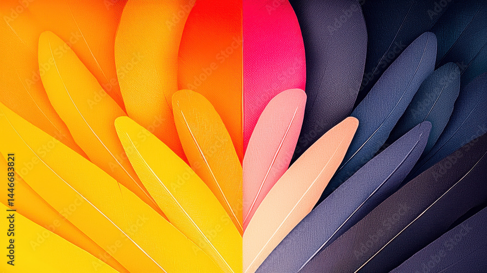 Poster an abstract illustration features a captivating close-up of intensely colorful feathers against a co