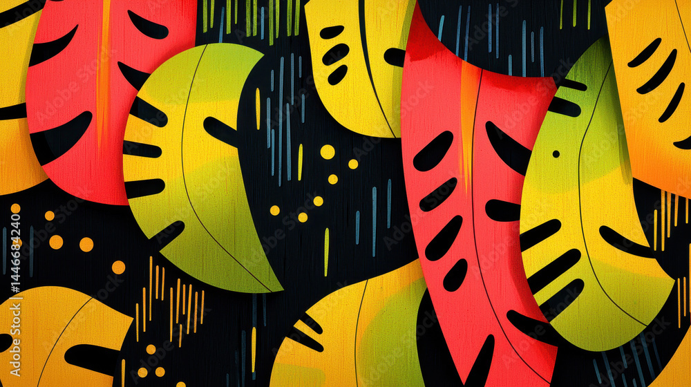 Poster vibrant corals illustrations are playfully arranged with a black background, creating a captivating 