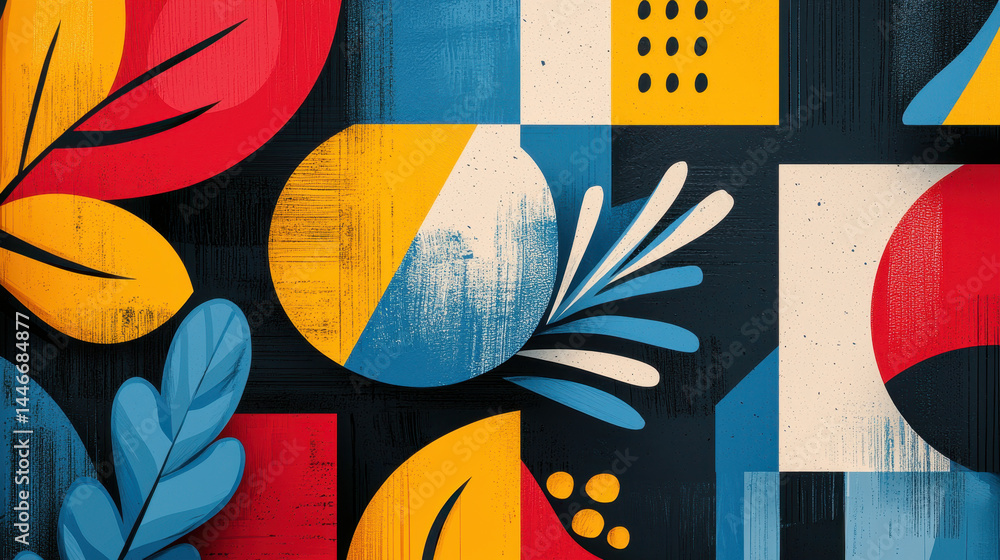 Poster vibrant colorful animal textile illustration with geometric shapes and botanical elements creates an