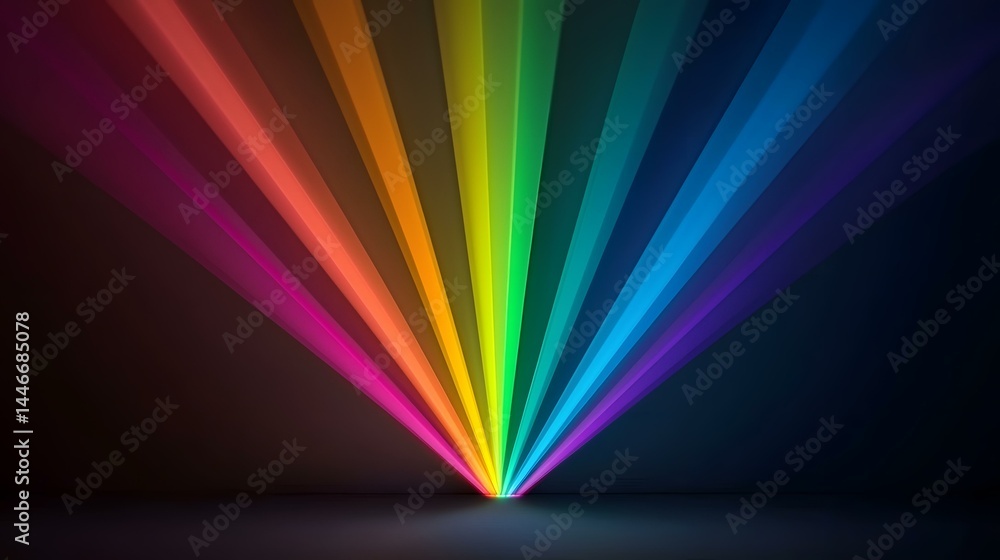 Poster the image contains a series of brightly colored, radiating beams of light resembling a rainbow, eman
