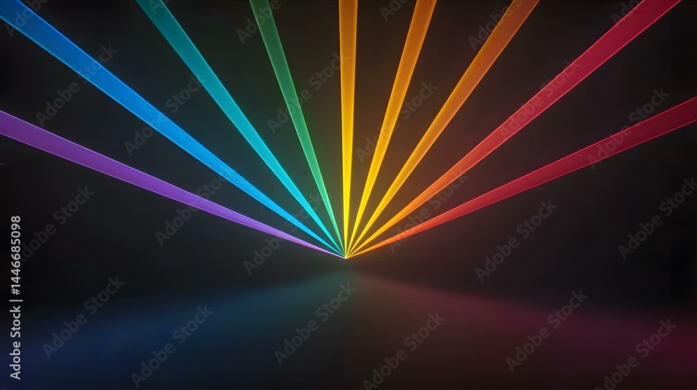 Poster multiple vibrant laser beams in a rainbow spectrum converge at a single point on a dark background.