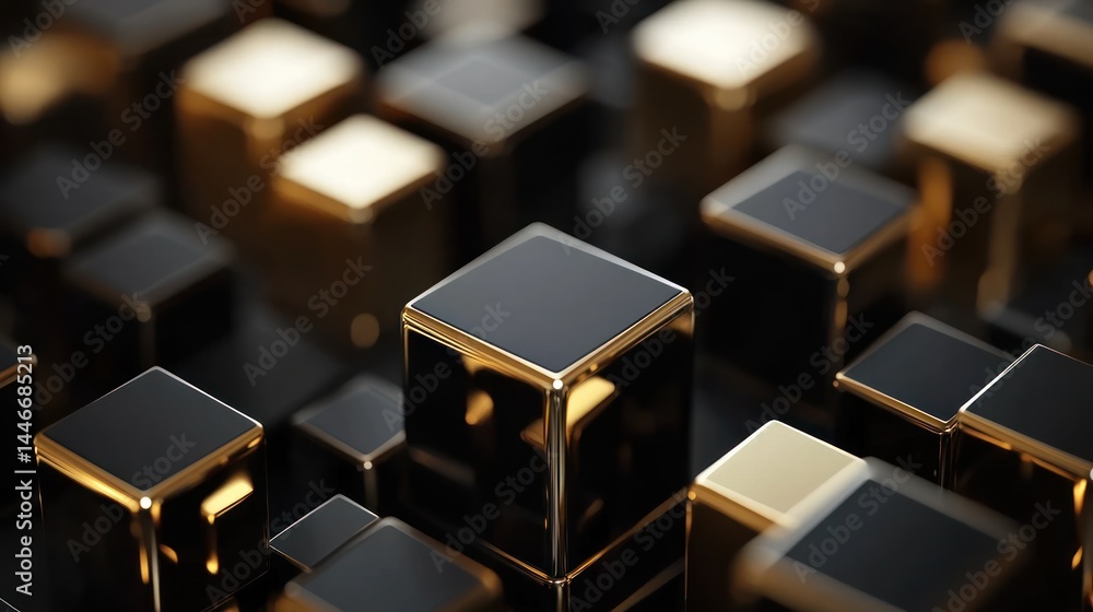 Poster abstract image of numerous black cubes with gold edges, arranged in a dense, repeating pattern on a 