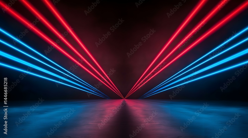 Poster the image shows three parallel red and three parallel blue neon lights converging at a vanishing poi