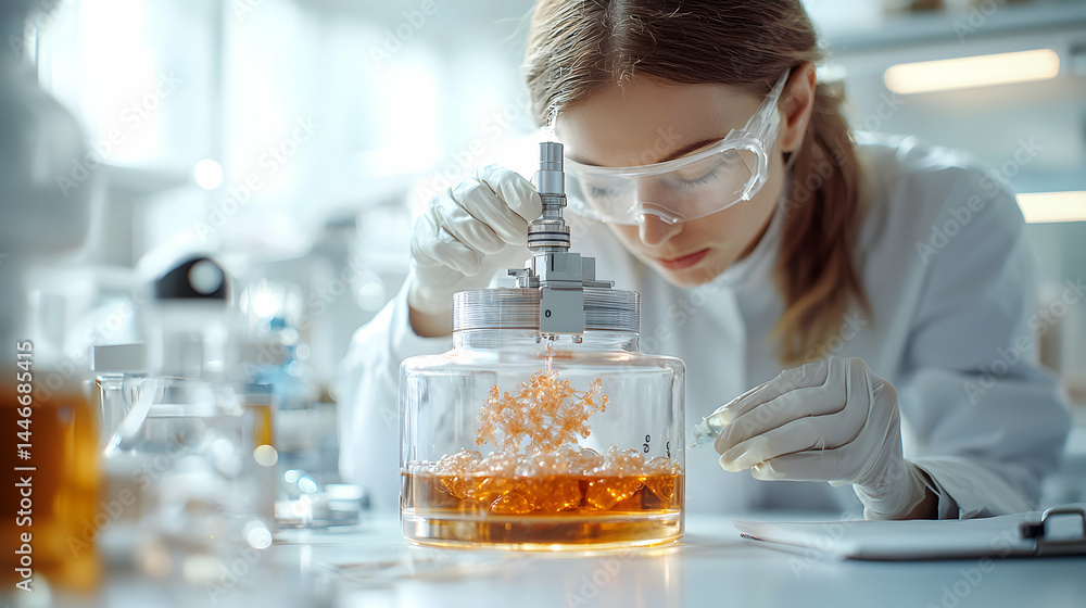 Poster scientist examines a transparent flask containing an orange substance using laboratory equipment. ap