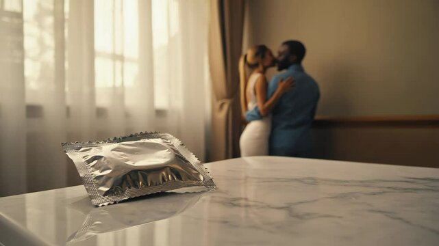Unopened Package on Table with Couple Embracing in Background
