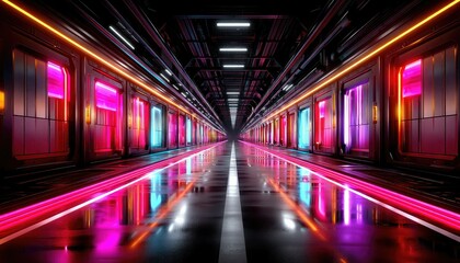 Fototapeta premium A futuristic neon-lit subway station with glowing reflections and vibrant colors, creating a sci-fi atmosphere.