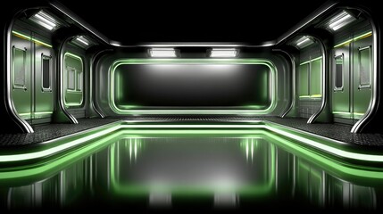 Fototapeta premium Futuristic metallic corridor with green neon lighting, reflective floor, and high-tech design details, evoking a sci-fi spaceship interior.