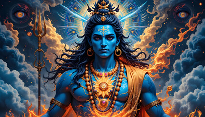 Krishna with Trident and Blue Skin Surrounded by Clouds