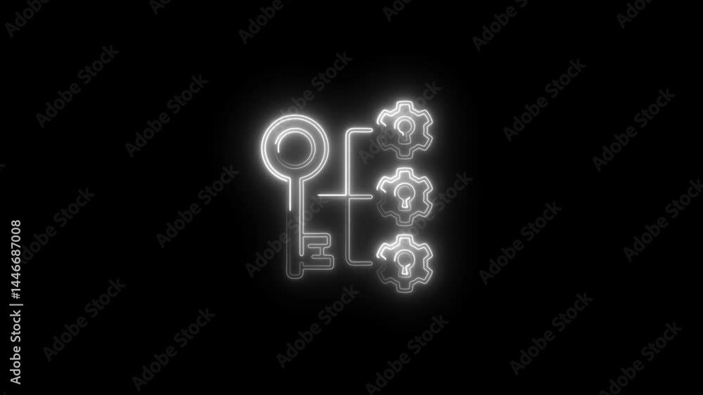 Poster neon key unlocking gears idea on dark background security solution