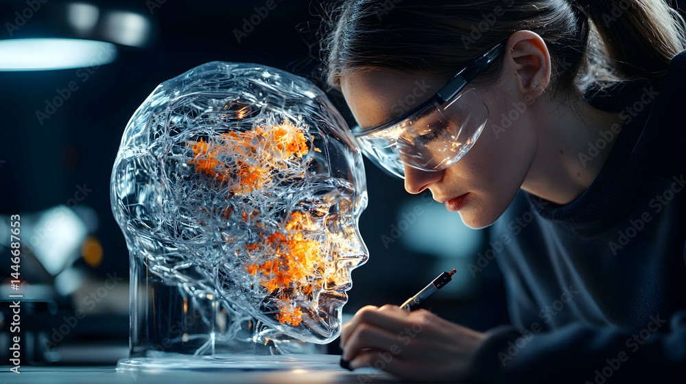Poster a scientist studies a glowing brain model exploring neurological processes. could be used for educat