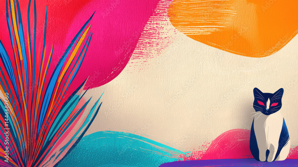 Poster a lounging cat illustration against a bright, abstract background with copy space in the middle, cre