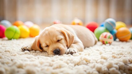 Adorable puppy curled up in a ball sleeping on soft carpet with toys scattered around him , cuddly, carpet,  cuddly, carpet