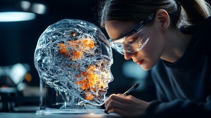 A scientist studies a glowing brain model exploring neurological processes. Could be used for educational materials on neuroscience and research.