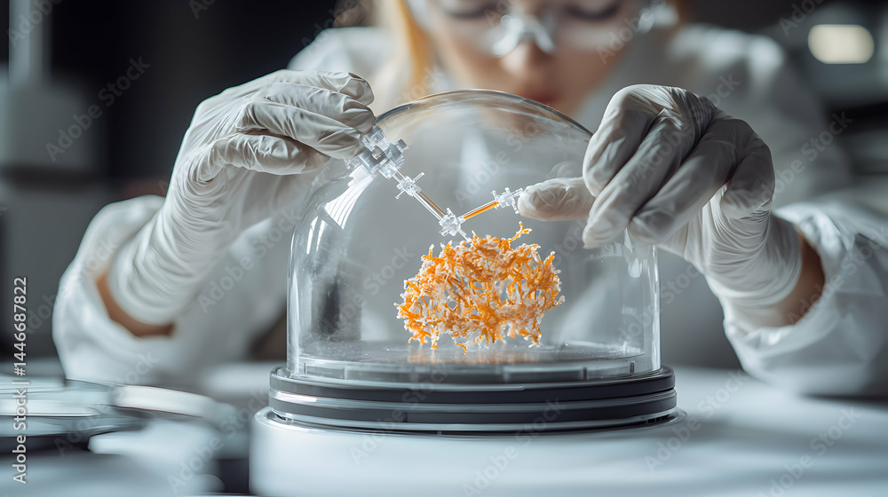 Poster a scientist working in a lab manipulates a delicate orange structure within a glass dome. the image 