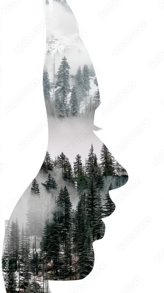 Poster inner reflection of a traveler in a misty forest with double exposure technique creating a unique si