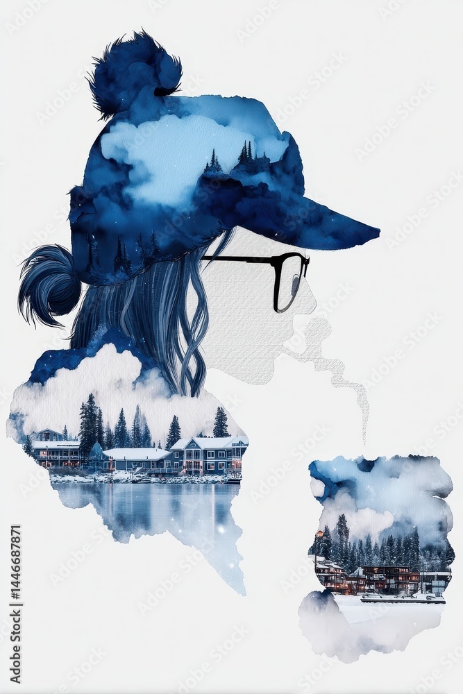 Poster inner traveler in a forest dreamscape with double exposure technique combining nature and contemplat