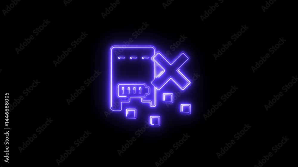 Poster neon style illustration of device error with battery symbol and cross mark animation on black backgr