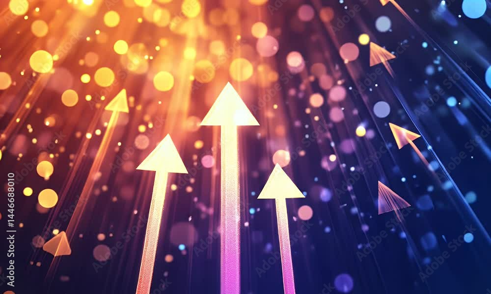 Poster a background of bokeh lights with arrows pointing upwards, representing growth and progress in busin