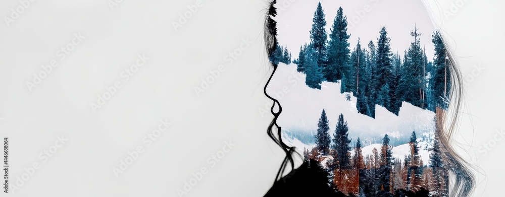 Poster solitary walker in inner forest with double exposure effect, blending nature and portrait in a uniqu