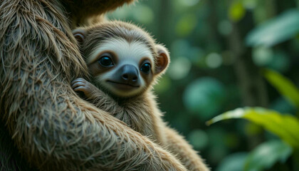 Naklejka premium Sloth baby clinging to its mother