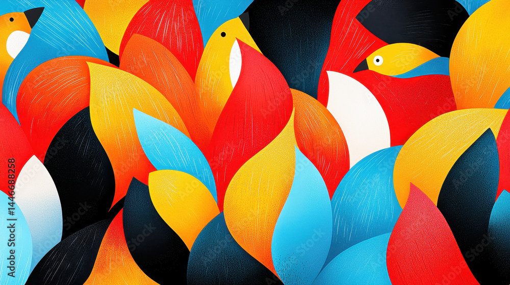 Poster captivating illustration of colorful feathered creatures creating a vibrant pattern with dynamic sha