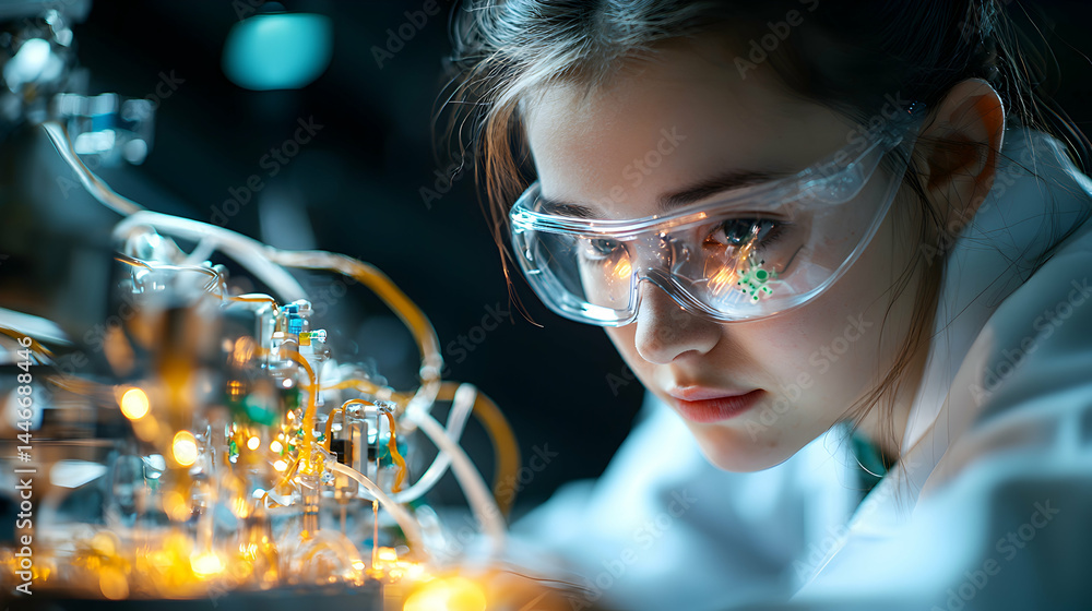 Poster a scientist examines complex circuitry. this image is ideal for tech articles science blogs and rese