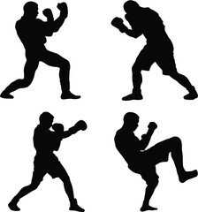 Boxing Fighter Silhouettes – Full-Body Black and White Vector Illustration Showing Athletic Poses with Legs and Hands, Minimalist Combat Art, Martial Arts Motion, and Sports Design