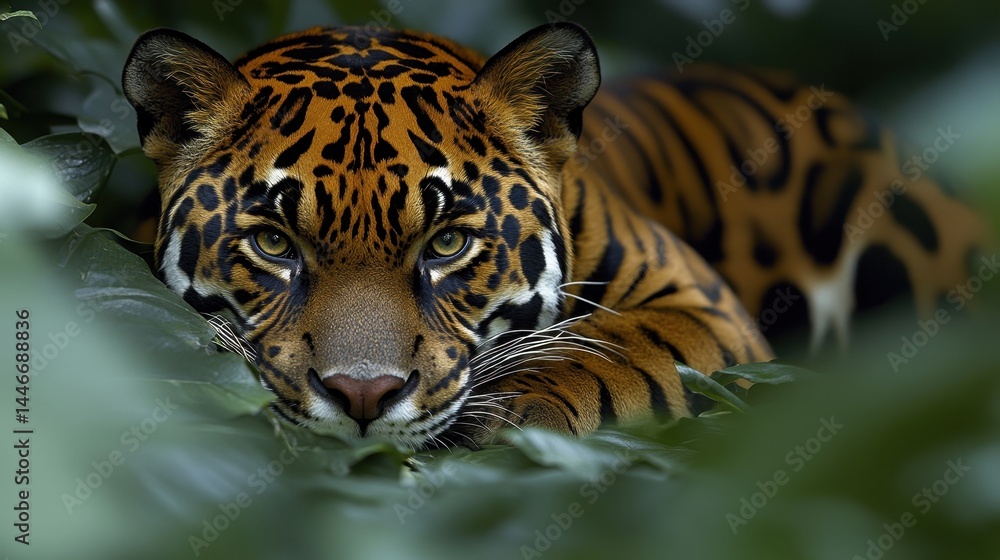 Poster intricate spotted jaguar portrait gazing directly ahead with a subtle hint of intrigue in the verdan