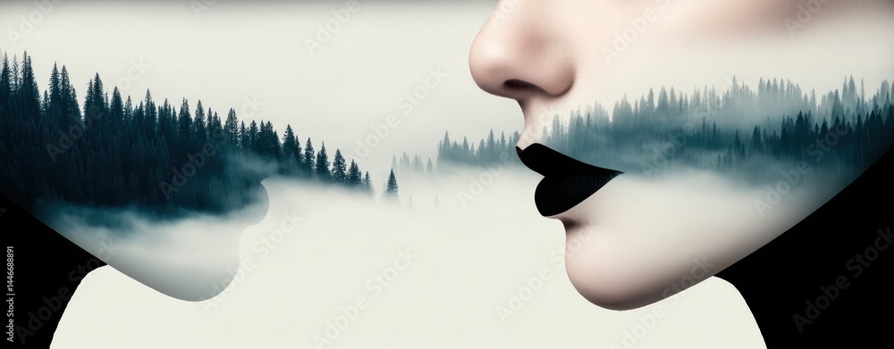 Aufkleber ethereal double exposure portrait with forest reflection in profile view, capturing a mystical conne
