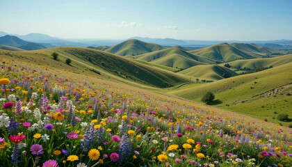 Fototapeta premium Rolling hills covered with wildflowers in full bloom