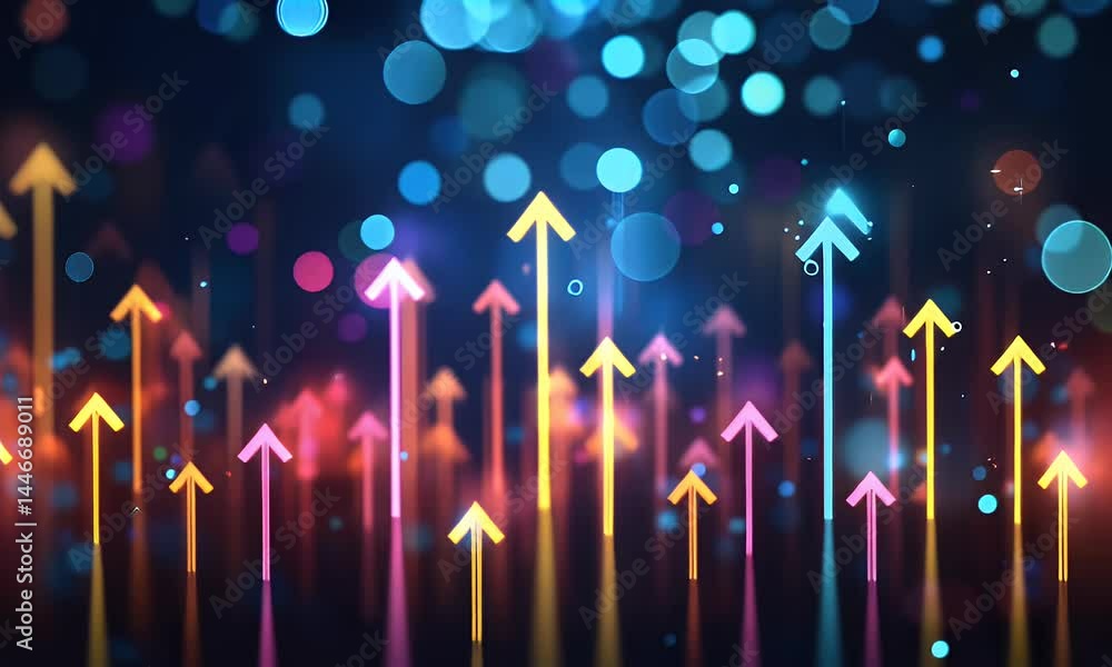 Poster a background of bokeh lights with arrows pointing upwards, representing growth and progress in busin