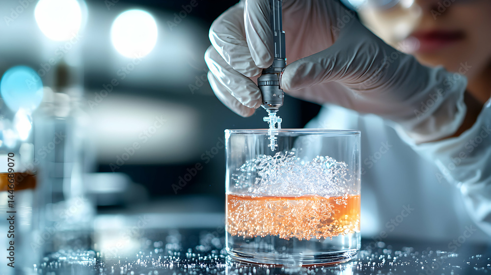 Poster a scientist working in a lab using specialized equipment on a liquid sample. could be related to res