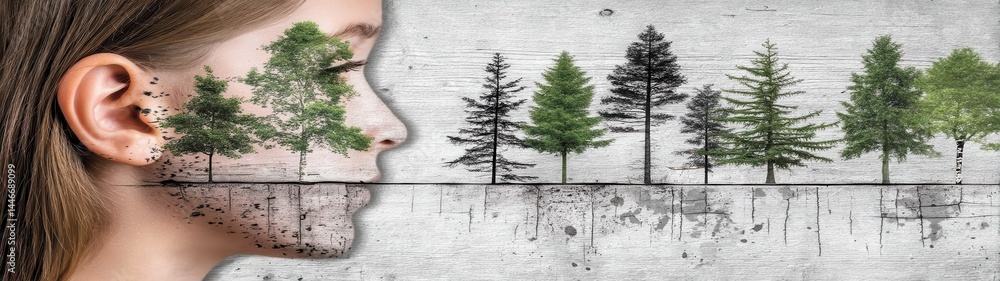 Poster inner forest portrait with double exposure technique showcasing nature within the side profile of a 