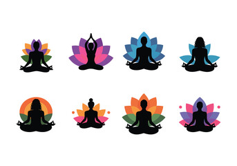 Meditation and yoga silhouette vector set with colorful lotus backgrounds in peaceful poses