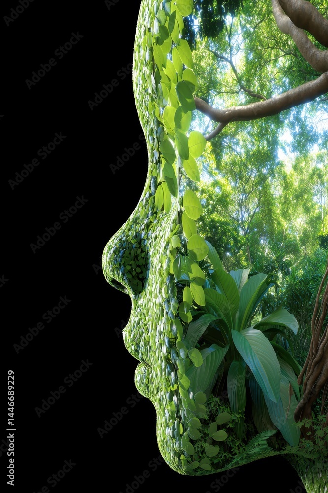 Poster enigmatic profile of a face intertwined with lush forest elements in a dreamlike double exposure vis