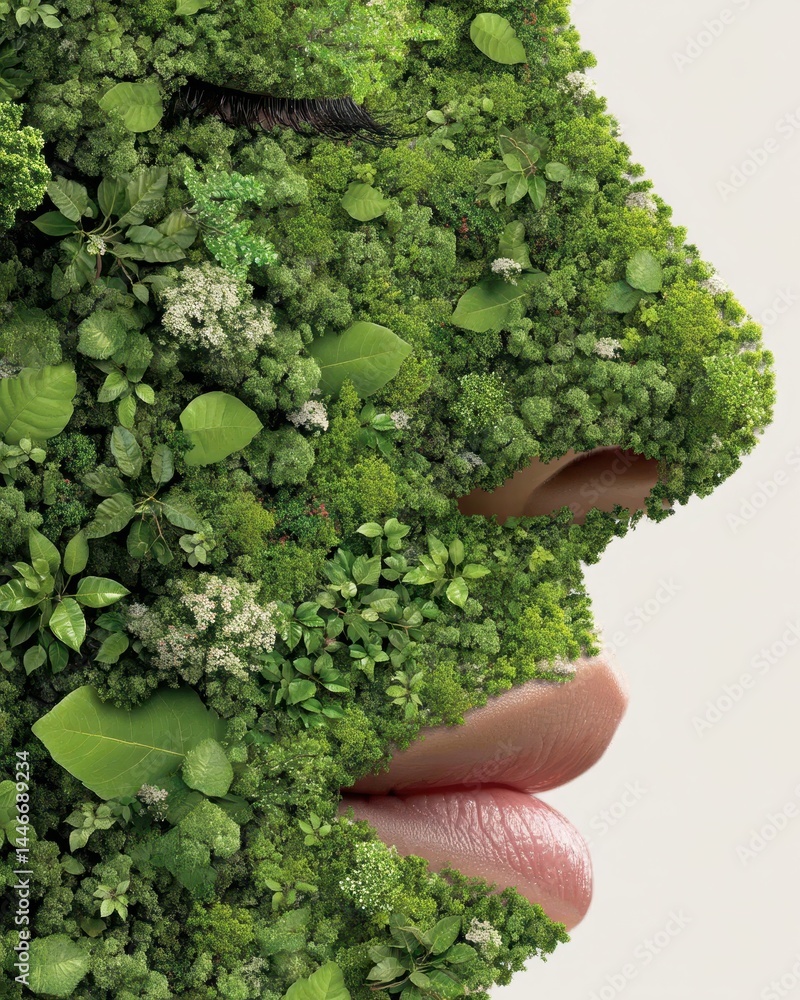 Poster inner forest double exposure: nature and human connection in profile with lush greenery and delicate
