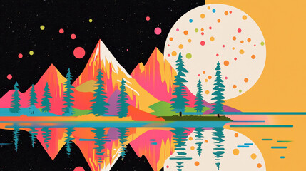 Obraz premium Calming mountain lake illustration reflects the colorful peaks and starry sky providing copy space for your message in this serene and peaceful landscape.