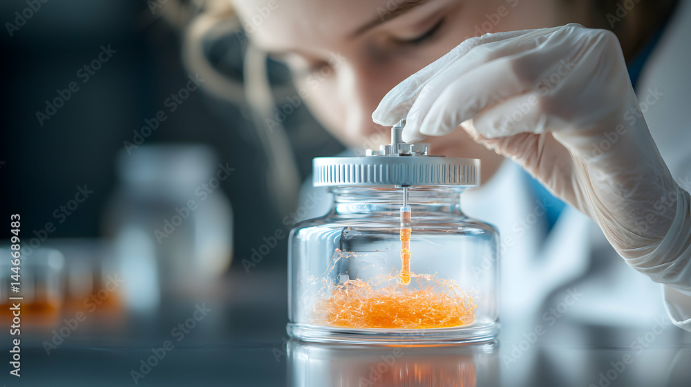 Poster a scientist examines a jar of orange-colored material in a lab setting. the image shows research and
