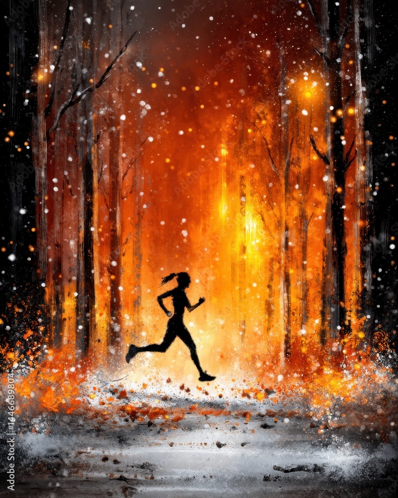 Poster silhouette of a runner in a double exposure inner forest with fiery colors and snowflakes creating a