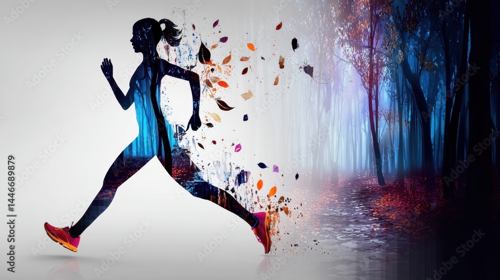 Poster inner forest runner silhouette with double exposure technique capturing motion and nature elements i