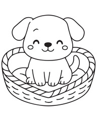 Coloring book cute puppy sits contentedly in a heart-shaped basket