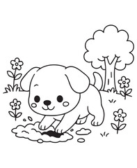 Coloring book puppy digs happily in the garden, surrounded by flowers