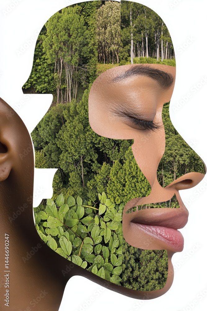 Poster double exposure art of person with inner forest view merging nature and emotions in a unique back pr