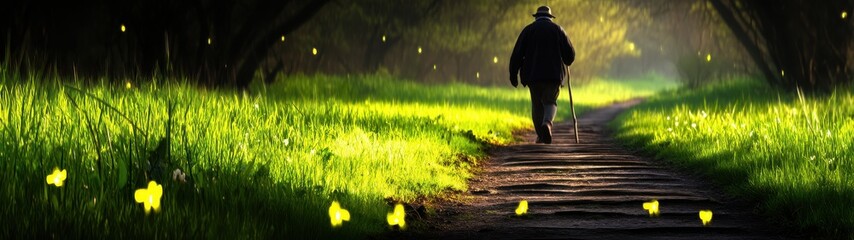 Tranquil Inner Forest Scene with Person Walking Away on a Path Surrounded by Lush Green Grass and Ethereal Light Effects in a Dreamlike Atmosphere